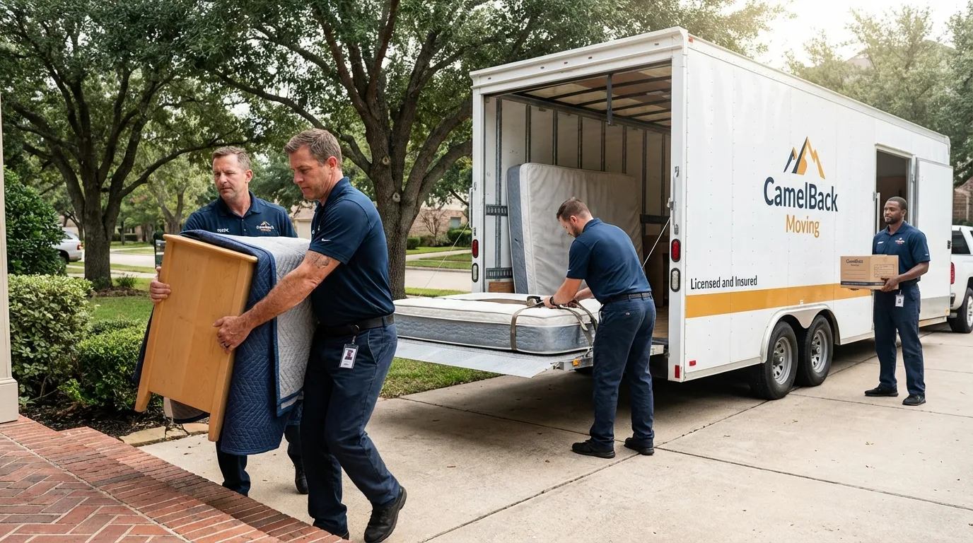 Crew loading residential truck for cross-state move from Mansura, LA