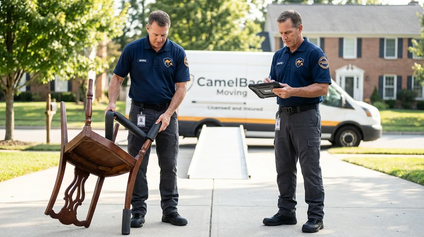 Movers inspecting furniture for damage prevention before loading in Mansura, LA