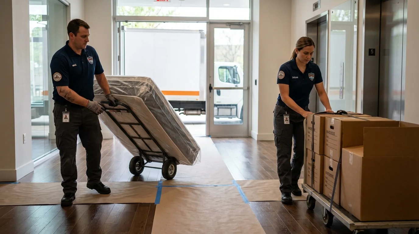 Professional apartment movers loading elevator in Mansura, LA